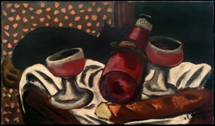 Stillleben mit Weingläsern und Katze