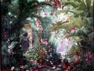 Dekor für Richard Wagners „Parsifal“: der Klingsor-Garten. Bühnenbild von Bruckner 1882. Wagner Museum, Bayreuth.