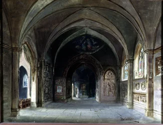 Dekoration für „Die Meistersinger“ oder „Die Meistersinger von Nürnberg“, Oper von Richard Wagner. Bühnenbild von Bruckner, Akt I. Wagner-Museum Bayreuth