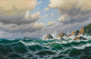 Dampfer vor stürmischer Küste