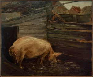 Schweinekoben mit Bauernjungen