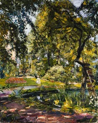 Garten in Godrammstein mit verwachsenem Baum und Weiher, 1910