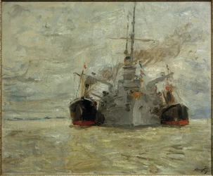 Kriegsschiff beim Kohlebunkern im Hamburger Hafen