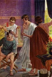 Aristagoras, Tyrann von Milet, erhält den Befehl für die Ionier, gegen die persische Herrschaft zu revoltieren, indem er die Nachricht auf der Kopfhaut eines Sklaven durch Rasieren seiner Haare enthüllt