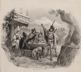 Jäger in den Bergen genießen ein Getränk in einer Taverne (Stich)