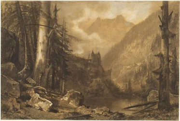 Alpenschloss über einem bewaldeten See