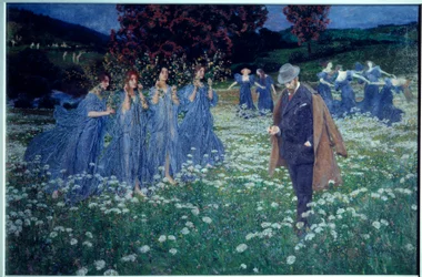 Träumerei, eine welttraumhafte Landschaft, ein Mann überquert ein Feld voller Feen, Gemälde von Maximilian Lenz (1860-1948)