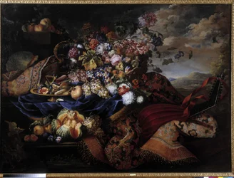 Obstkorb, Blumen und Laute auf Teppich