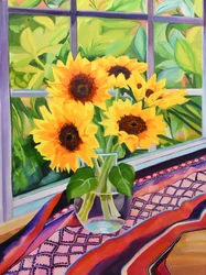 Helle Sonnenblumenfensteraussicht