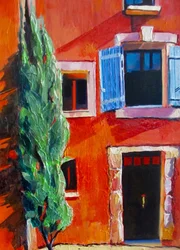 Rotes Haus mit blauen Fensterläden