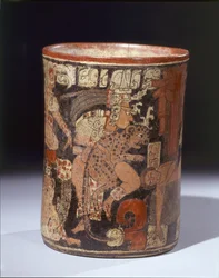 Zylindrisches Gefäß mit Opferszene, ca. 600-850 n. Chr. (Keramik und Pigmente)