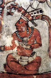 Maya-Krieger. Polychrome Keramik, Maya-Kunst, 7. Nationalmuseum für Archäologie und Ethnologie von Tikal (Guatemala).