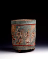 Präkolumbische Kunst, Maya-Zivilisation, klassische Periode: Zylindrische Vase aus polychromem Ton