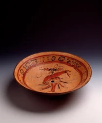 Präkolumbianische Kunst, Maya-Zivilisation, klassische Periode: Tripod-Vase aus bemaltem Ton. Aus Peten, Guatemala