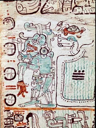 Der Madrider Kodex oder Codex Tro-Cortesianus, behandelt Horoskope und astrologische Tabellen, berichtet in Spanien von Hernan Cortes (1485-1547). Gemalte Miniaturen