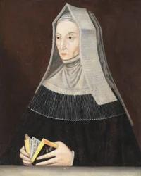 Porträt von Lady Margaret Beaufort (1441-1509), halblang, in schwarzen Roben und einer weißen Haube, ein Gebetbuch in ihren Händen