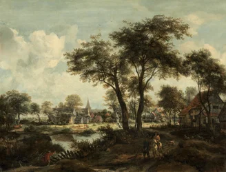 Dorf in der Nähe eines Teichs, ca. 1670