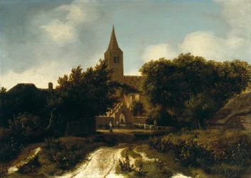 Bewaldete Landschaft mit Figuren in der Nähe einer Kirche, ca. 1660