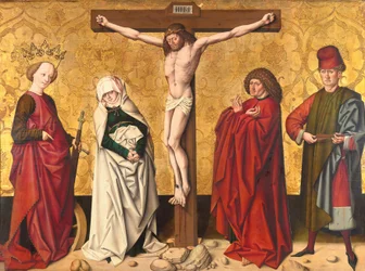 Christus am Kreuz zwischen den hll. Maria und Johannes, Katharina und Sebastian