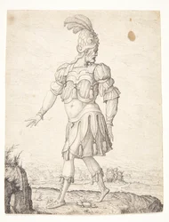 Ein Mann in römischer Kleidung, der auf eine Quelle zeigt