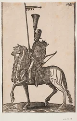 Berittener Soldat, Profil nach links; Lanze mit Wimpel, Bogen daneben, runder Schild, Köcher; Kopfbedeckung mit Federbusch