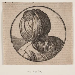 Rundes Medaillon mit dem Büste eines bärtigen, turbantragenden Mannes, diagonal von oben gesehen, 3/4 Profil nach rechts