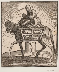 Reiter mit Kapuze über dem Gesicht; auf jeder Seite des Pferdes ein Gitterkäfig mit einer Person; Profil nach links; unter dem Pferd eine ruinierte, zylindrische Turm