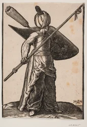 Stehender Soldat, nach rechts gewandt; auf dem Kopf ein Turban, in der rechten Hand eine erhobene Lanze mit Wimpel unter der Spitze; am linken Arm ein Schild mit einer stoffumwickelten Federbusch