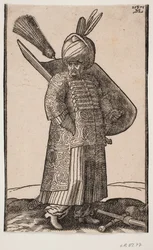 Stehender dickbäuchiger Soldat, mit rechter Hand in der Tasche, nach rechts gewandt; zwei Federn im Turban; Schwert an der linken Seite, Schild mit Federbusch am linken Arm; vor ihm auf dem Boden liegen Keule und Lanze über Kreuz