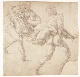 Zwei Männer, die eine alte Frau tragen