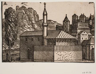 Unidentifizierte Moschee mit 1 Minarett, links hoher Baum