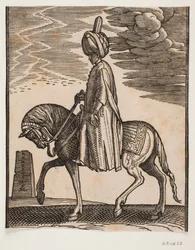 Unbewaffneter Reiter mit Turban, Profil nach links; vor dem Pferd ein zerstörter Obelisk