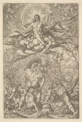 Auferstehung Christi, umgeben von einer Aureole und Wolken mit Reihen von geflügelten Putti, 1577