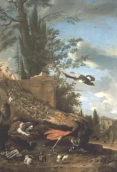 Ein Pfau und ein Spaniel im Garten einer Villa