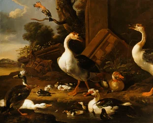 Chinesische und ägyptische Gänse und andere Vögel in einer Landschaft mit Ruinen in der Nähe