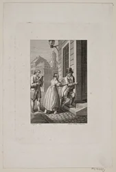 Illustration mit Frau, die einen Herrn an einem Tor aufhält, während ein Diener zusieht