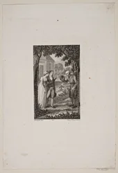 Illustration mit Wächter, der ein junges Paar grüßt