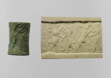 Zylindersiegel des Kampfes mit moderner Impression ca. 2250-2150 v. Chr. (Albit)