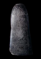 Mesopotamien: Kudurru aus schwarzem Kalkstein von König Marduk-sapik-zari (1082-1070 v. Chr.) (Stele, die als Unterstützung für Landspenden der kassitischen Herrscher von Babylon an Familienmitglieder oder hohe Würdenträger diente). Die Inschrift ist in Ke