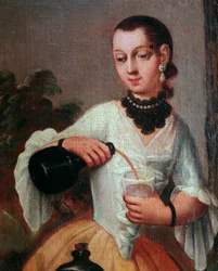 Dame, die Wein in ein Glas gießt (Detail), Gemälde der mexikanischen Schule