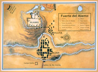 Karte des Alamo-Gebiets in San Antonio basierend auf Santa Annas ursprünglicher Schlachtfeldkarte
