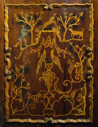 Rokoko-Stil Holzleinen-Schrank mit polychromen Einlagen und Sockel, Kolonialzeit