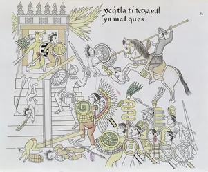 Das Verbrennen der Idole durch Hernán Cortés, Illustration aus einer Faksimile einer mexikanischen indianischen Bildgeschichte Lienzo de Tlaxcala, ca. 1550, 1892