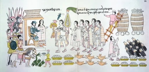 Der Tlaxcalan-Häuptling Maxixcatzin überreicht Hernando Cortes (1485-1547) einen Blumenstrauß und andere Geschenke als Willkommenszeichen, Illustration aus einer Faksimile einer mexikanischen indianischen Bildgeschichte
