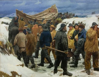 Das Rettungsboot wird durch die Dünen gezogen, 1883