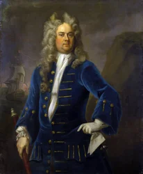 Porträt von Kapitän Robert Harland (ca. 1680-1751), hält ein Teleskop in der Hand