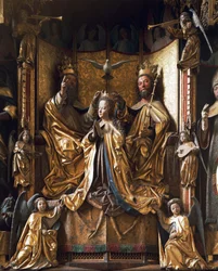 Krönung des Marienaltars, circa 1470-1480, von Michael Pacher, geschnitztes Holz, alte Pfarrkirche Gries, San Quirino, Bozen, Trentino-Südtirol, Italien