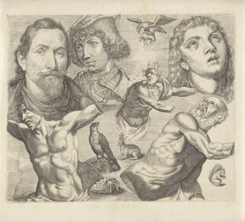 Studienblatt mit Zeichenbeispielen: Köpfe, Torso und Tiere