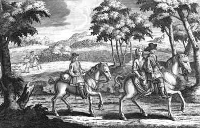 König Karl II. in Verkleidung reitet vor Mrs. Lane