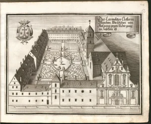 Das Karmeliterkloster in München, wie es von Osten nach Westen zu sehen ist
